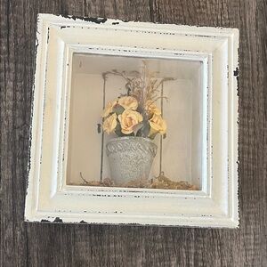 Distressed White Shadow Box Wall Décor with Yellow Floral Accent